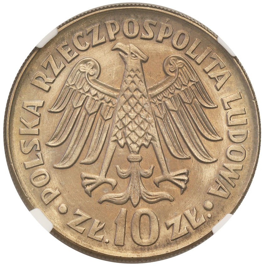 PRL. 10 złotych 1964 Kazimierz Wielki napis WKLĘSŁY NGC MS66